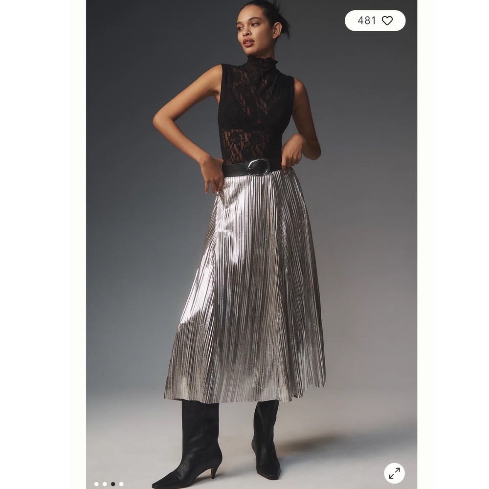 By Anthropologie Metallic Pleated Midi Skirt Silver XS OB2080543 Holiday Party - Picture 2 of 16